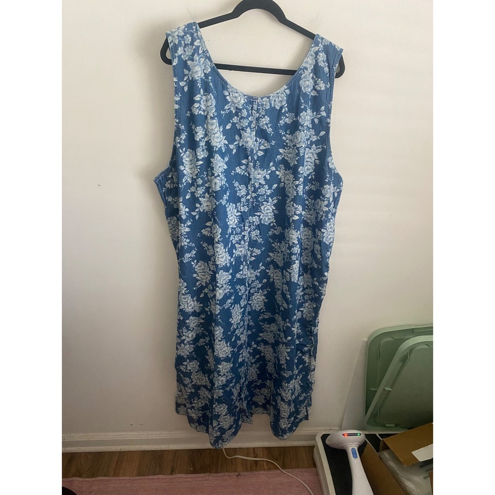 Blue Floral Cotton Denim Sleeveless Jumper Dress Plus Size 2X - Picture 7 of 8